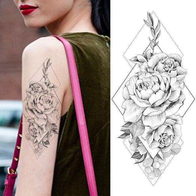 Realistic Sketches Black Flowers Temporary Waterproof Flower Tattoos Modern Body Arm Drawing For Womens