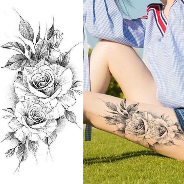 Realistic Sketches Black Flowers Temporary Waterproof Flower Tattoos Modern Body Arm Drawing For Womens