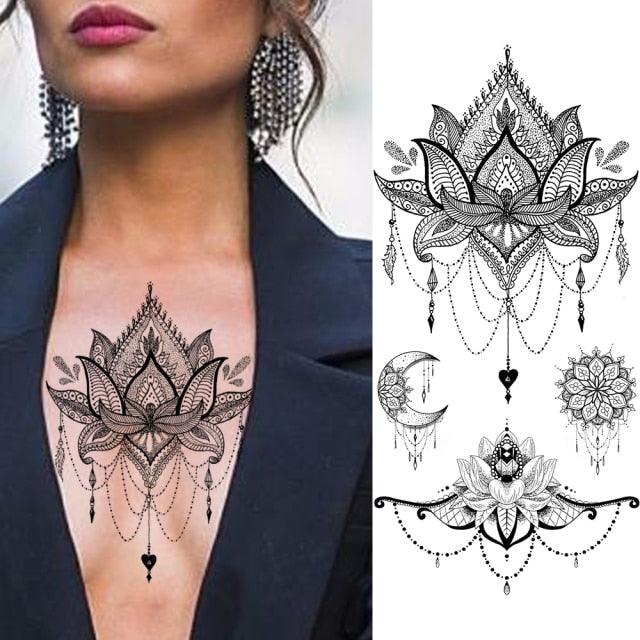 Realistic Sketches Black Flowers Temporary Waterproof Flower Tattoos Modern Body Arm Drawing For Womens