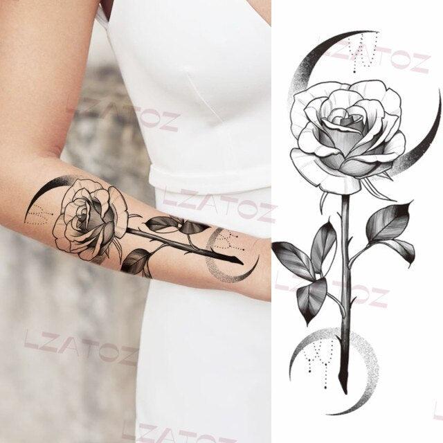 Realistic Sketches Black Flowers Temporary Waterproof Flower Tattoos Modern Body Arm Drawing For Womens