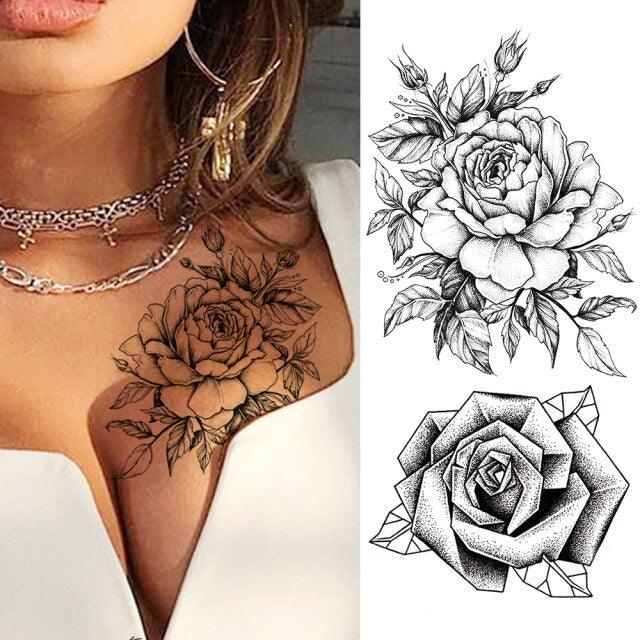 Realistic Sketches Black Flowers Temporary Waterproof Flower Tattoos Modern Body Arm Drawing For Womens