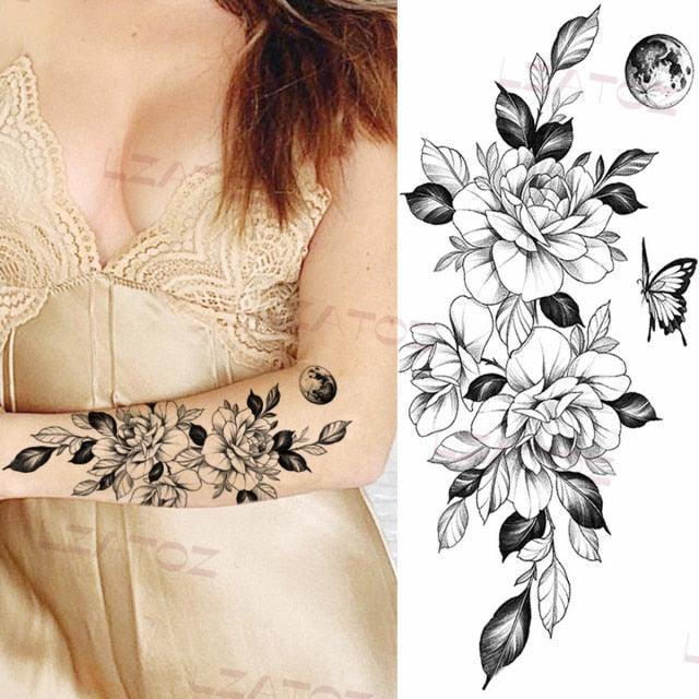 Realistic Sketches Black Flowers Temporary Waterproof Flower Tattoos Modern Body Arm Drawing For Womens