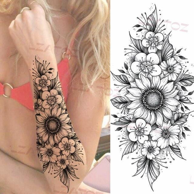 Realistic Sketches Black Flowers Temporary Waterproof Flower Tattoos Modern Body Arm Drawing For Womens