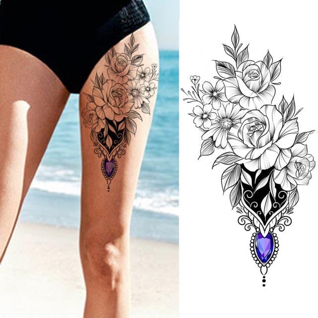 Realistic Sketches Black Flowers Temporary Waterproof Flower Tattoos Modern Body Arm Drawing For Womens
