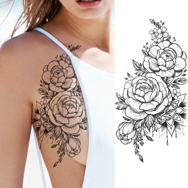 Realistic Sketches Black Flowers Temporary Waterproof Flower Tattoos Modern Body Arm Drawing For Womens