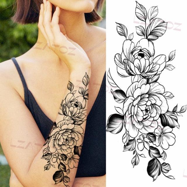 Realistic Sketches Black Flowers Temporary Waterproof Flower Tattoos Modern Body Arm Drawing For Womens