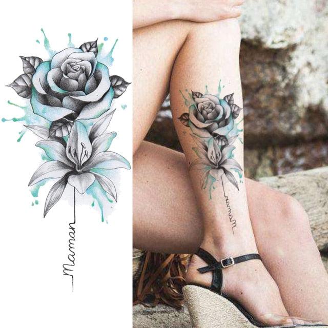 Realistic Sketches Black Flowers Temporary Waterproof Flower Tattoos Modern Body Arm Drawing For Womens