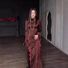 Regal Satin Court Dress Semi-Turtleneck Chiffon Lace-Up Maxi with Bell Sleeves & Tiered Ruffles (MA235)