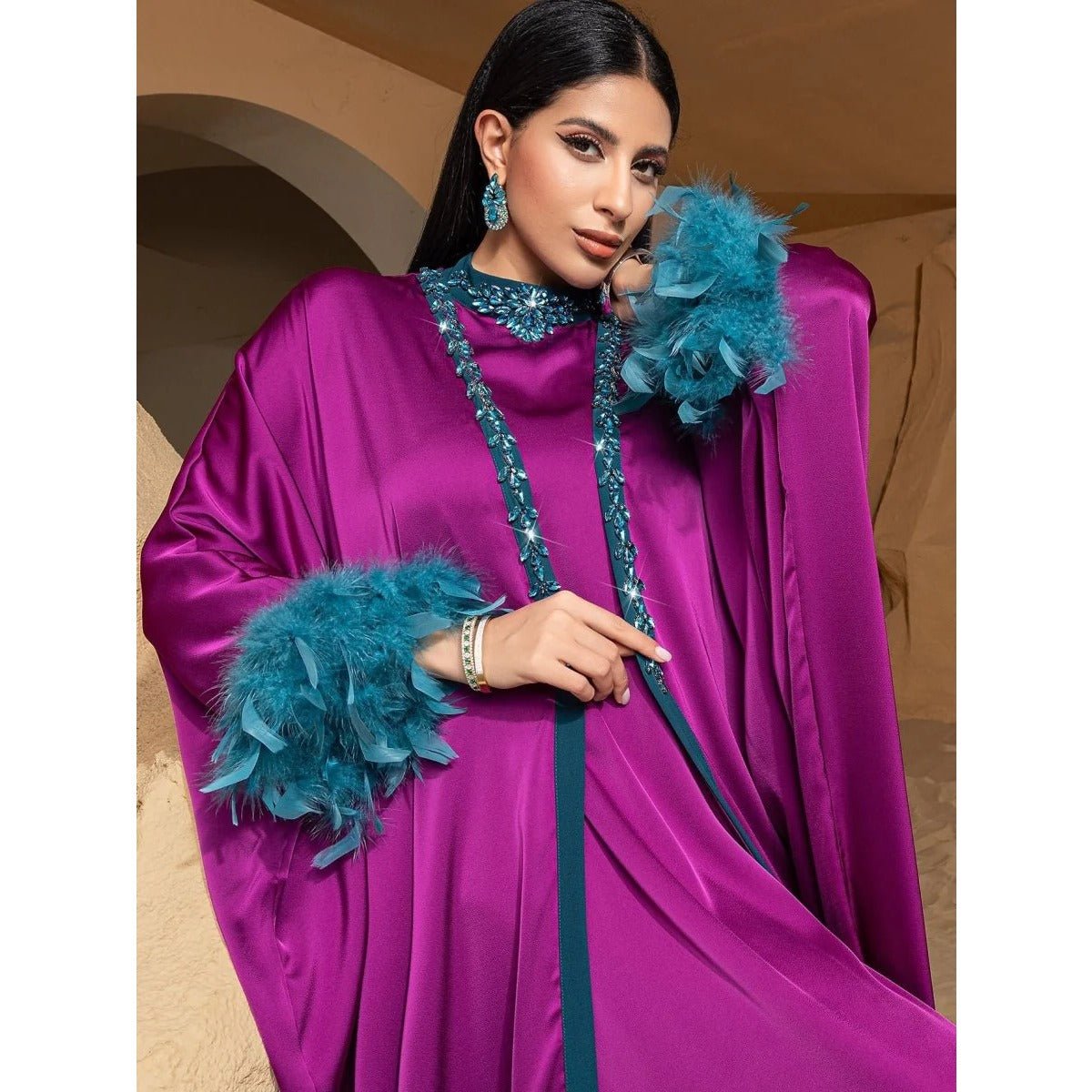 Rose Purple Luxury Feather-Embellished Abaya Dress Two-Piece Set with Crystal & Bead Details (MOA159)