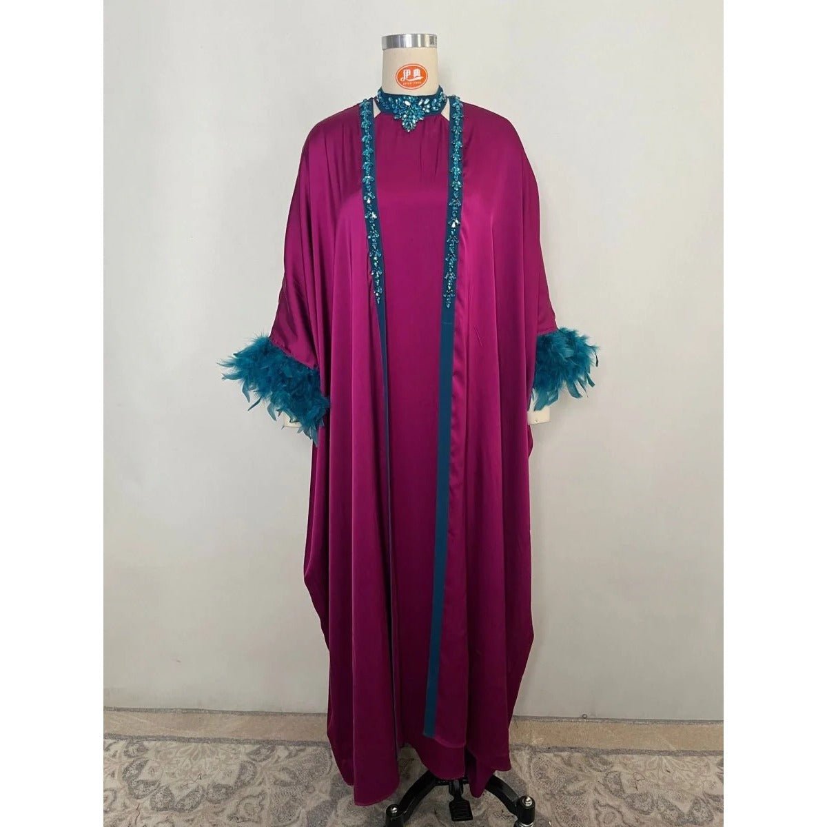Rose Purple Luxury Feather-Embellished Abaya Dress Two-Piece Set with Crystal & Bead Details (MOA159)