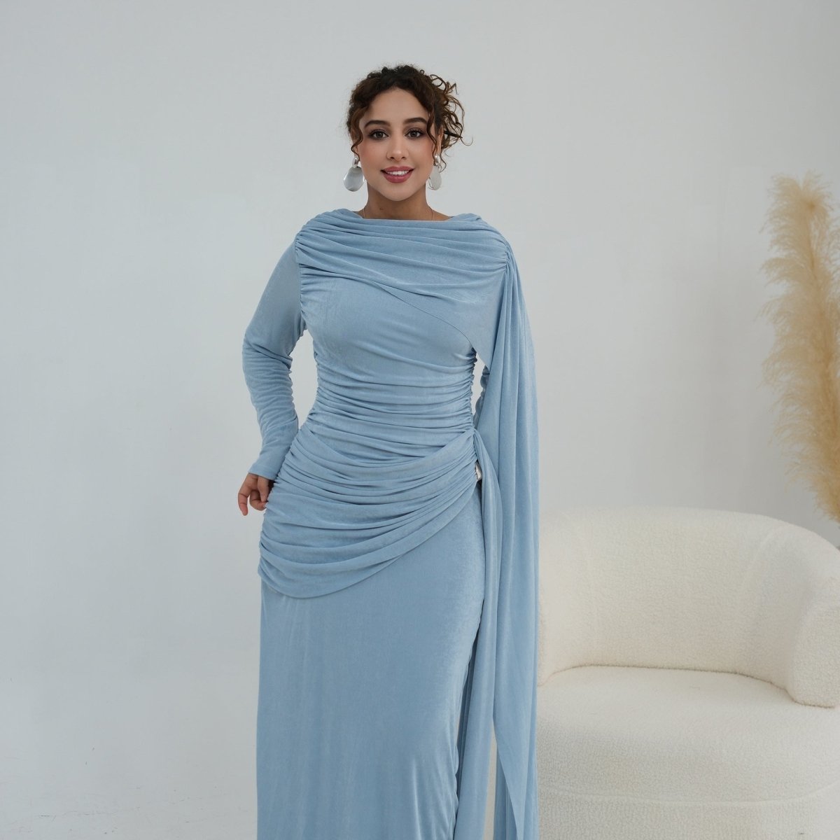 Ruched Maxi Dress with Cape(MS434)
