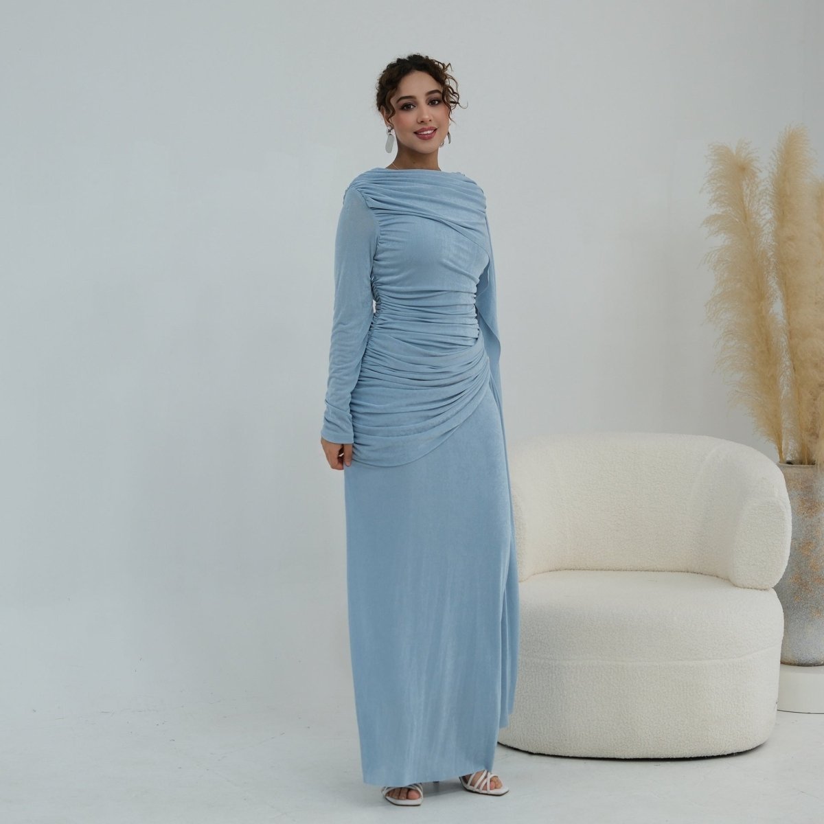 Ruched Maxi Dress with Cape(MS434)