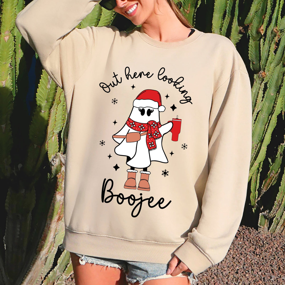 Boojee Ghost Bougie Christmas Holiday Humor Cozy Winter Wardrobe Festive Spirit Sweatshirt