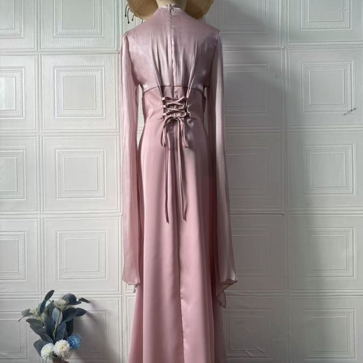 Satin Dress with Corset Back & Cape Sleeves (MS344)