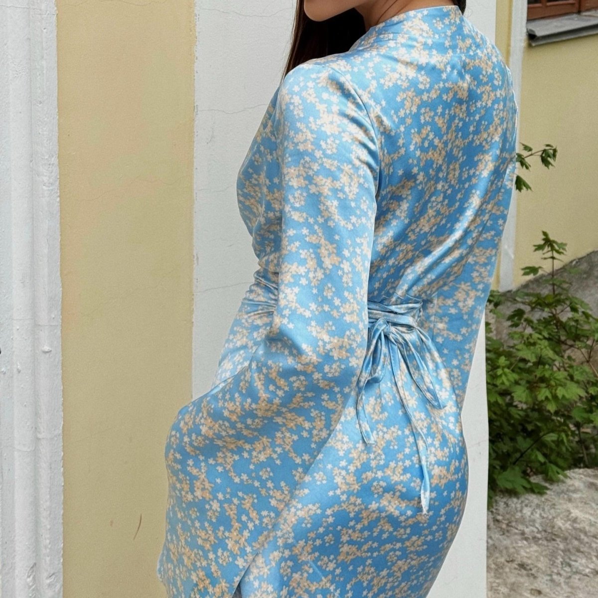 Satin Floral Print V-Neck Maxi Dress(MS378)