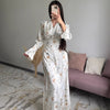 Satin Floral Print V-Neck Maxi Dress(MS378)