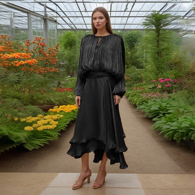 Satin Tie-Neck Blouson Dress(MS354)