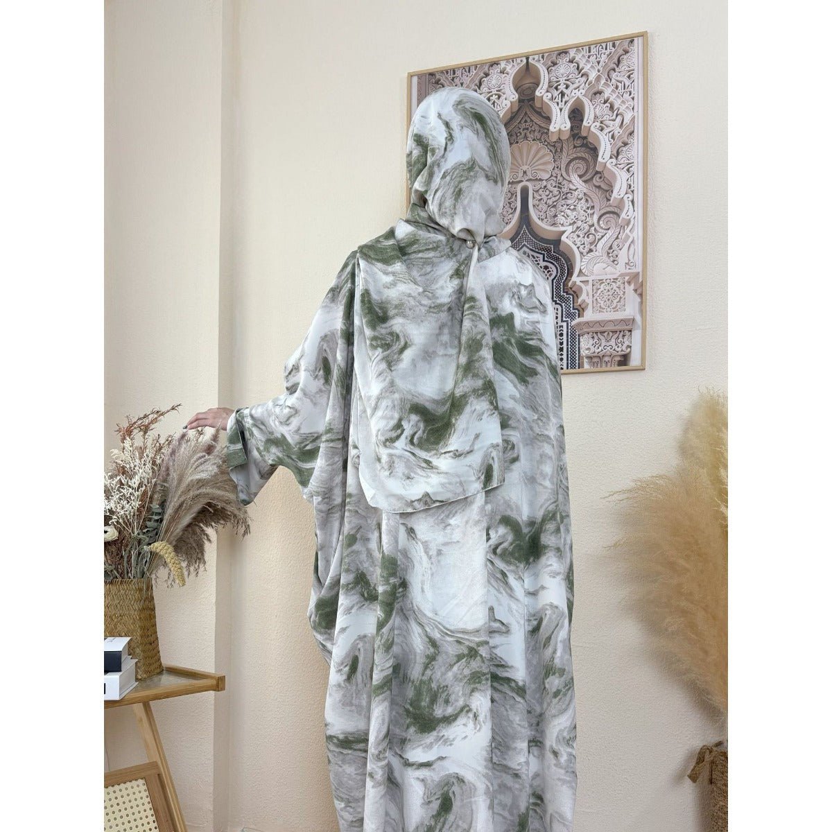 Serene Ink Wash Abaya Collection | Watercolor Print Cardigan with Matching Hijab (MOA178)