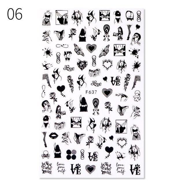 Sexy Lady Pattern 3D Nail Stickers Character Image Decals Slider Valentine Black White Nail Art Decoration Strip Line Nail Decal Self-Adhesive 3D Wave Design Decoration for Women Girls Art Stickers Decal Decoration Metallic Curve Strip Line Nail