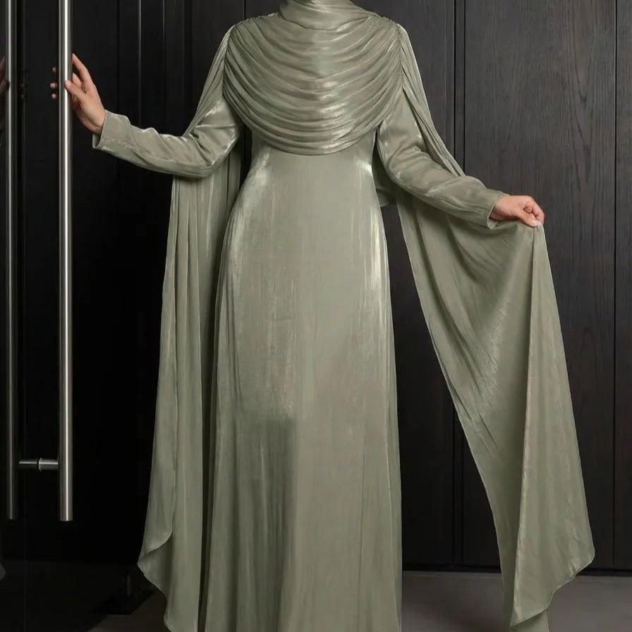Shimmer Island Silk Cape Sleeve Abaya Dress with Matching Hijab(MA429)