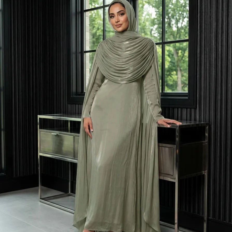 Shimmer Island Silk Cape Sleeve Abaya Dress with Matching Hijab(MA429)