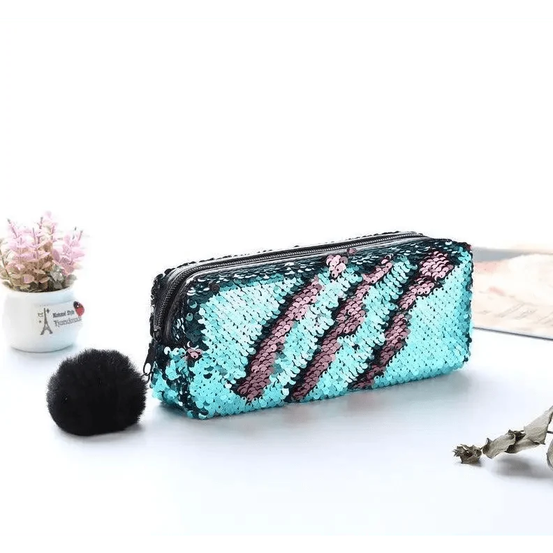 Shiny Reversible Girls Pencil Case Glitter Design Double Color Zipper Make Up Bag Stationery Case For Students