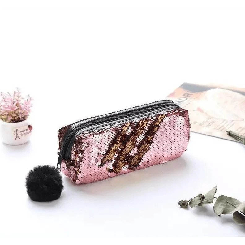 Shiny Reversible Girls Pencil Case Glitter Design Double Color Zipper Make Up Bag Stationery Case For Students