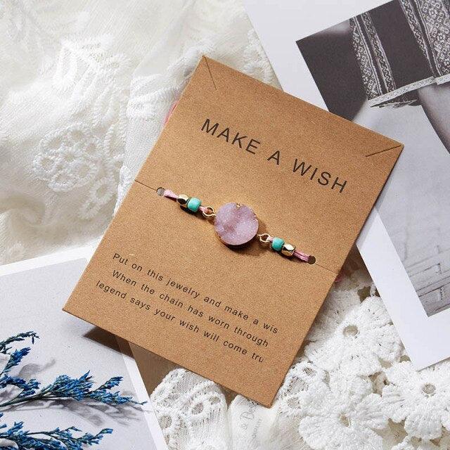 Simple Stone Charm Bracelet Colorful Black Red String Braided Couple Bracelets Wish Card Jewelry Handmade Woven Thread Rope String Nature Stone Beads Charm Bracelet Cuff Bangles With Message Card 18-30cm