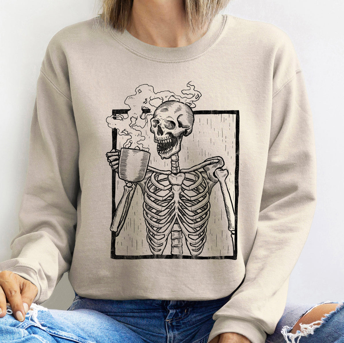 Skeleton Coffee Vintage Halloween All Hallows Eve Midnight Sketch Graphic Sweatshirt
