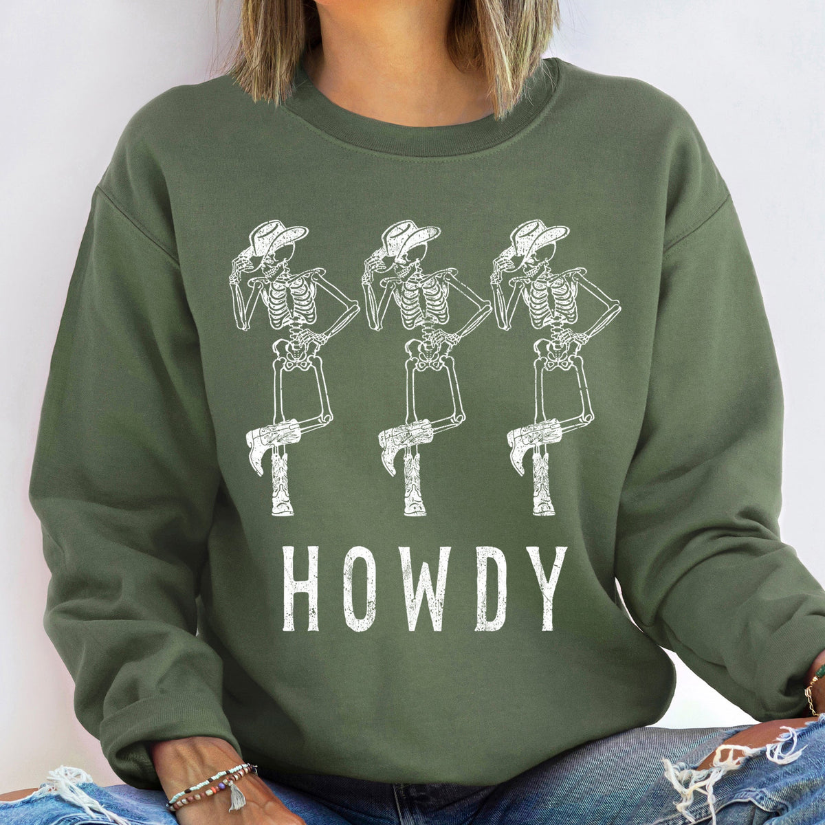 Howdy Cowboy Vintage Halloween Graphic Print Cozy Brushed Fleece Relaxed Fit Sweatshirt