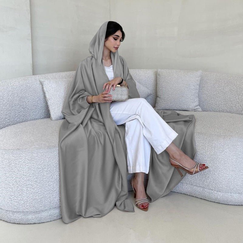 Soft Forged Bat Sleeve Abaya Robe | V-Neck Satin Cardigan Dress(MOA224)