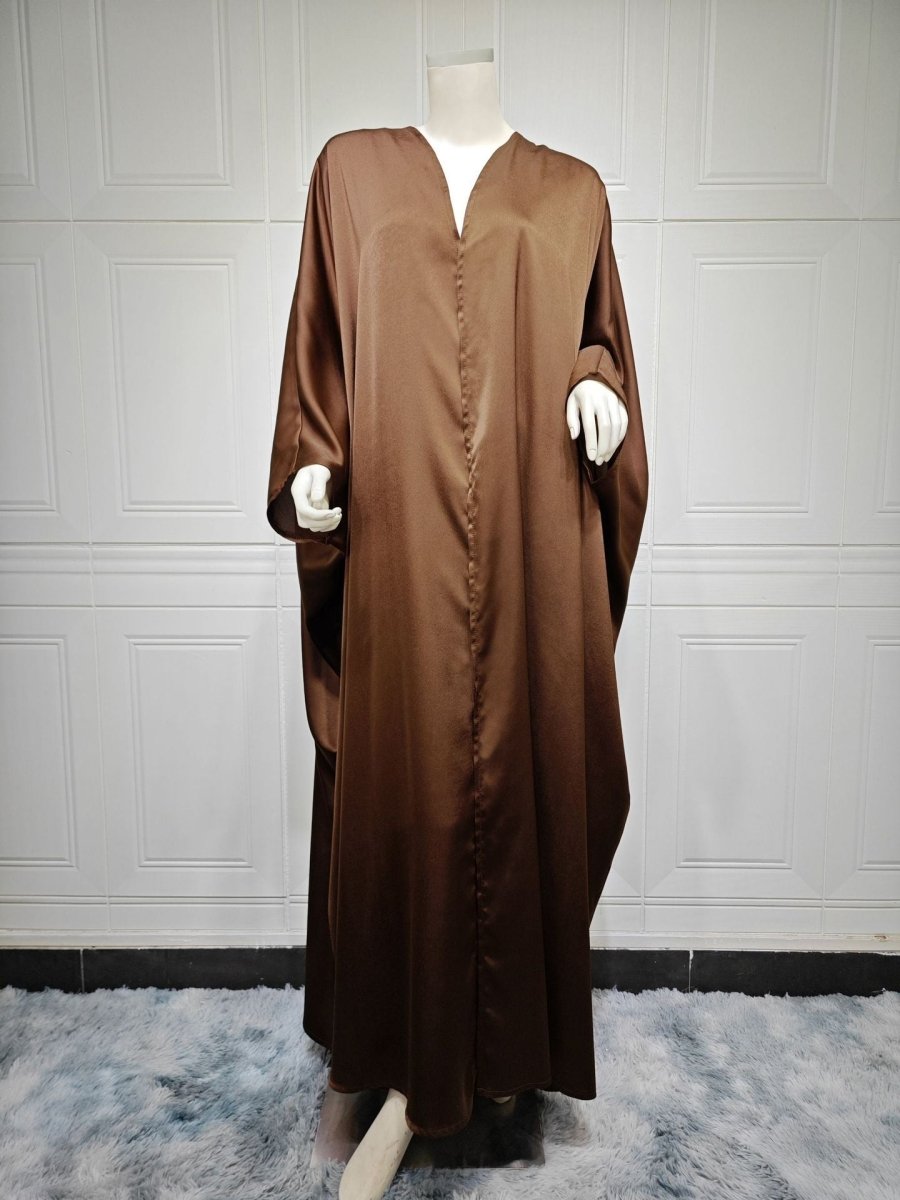 Soft Forged Bat Sleeve Abaya Robe | V-Neck Satin Cardigan Dress(MOA224)