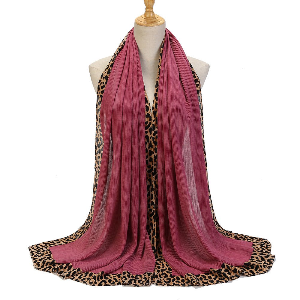 Solid Color Leopard-Print Embellished Crinkle Scarf Hijab (MH181)