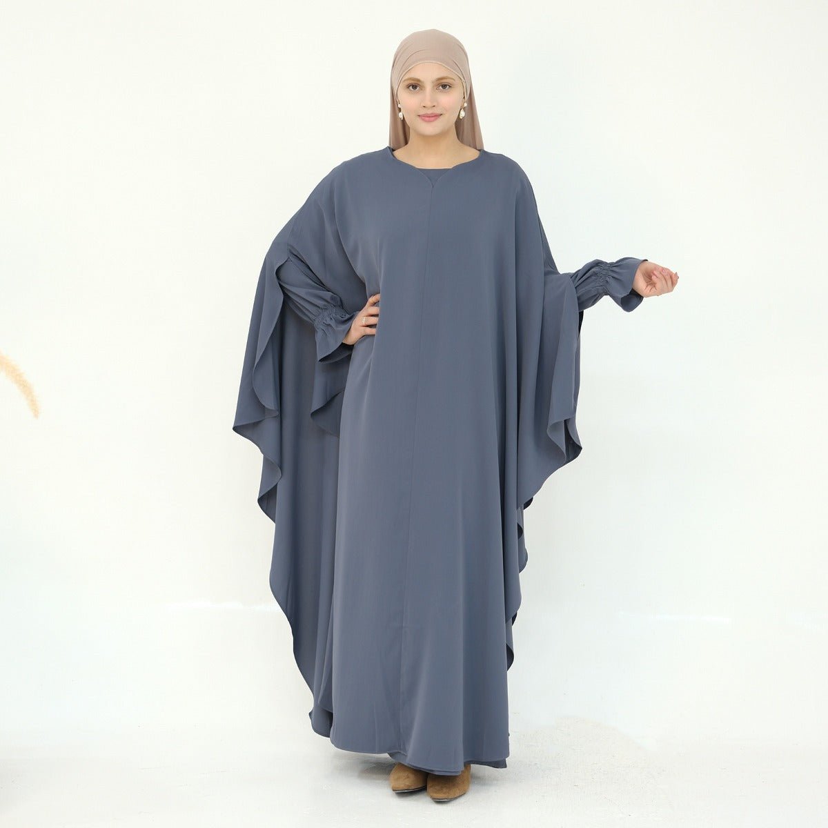 Solid Color Modest Robe Dress Two-Piece Set – Muslim Abaya with Puff Sleeves(MA275)