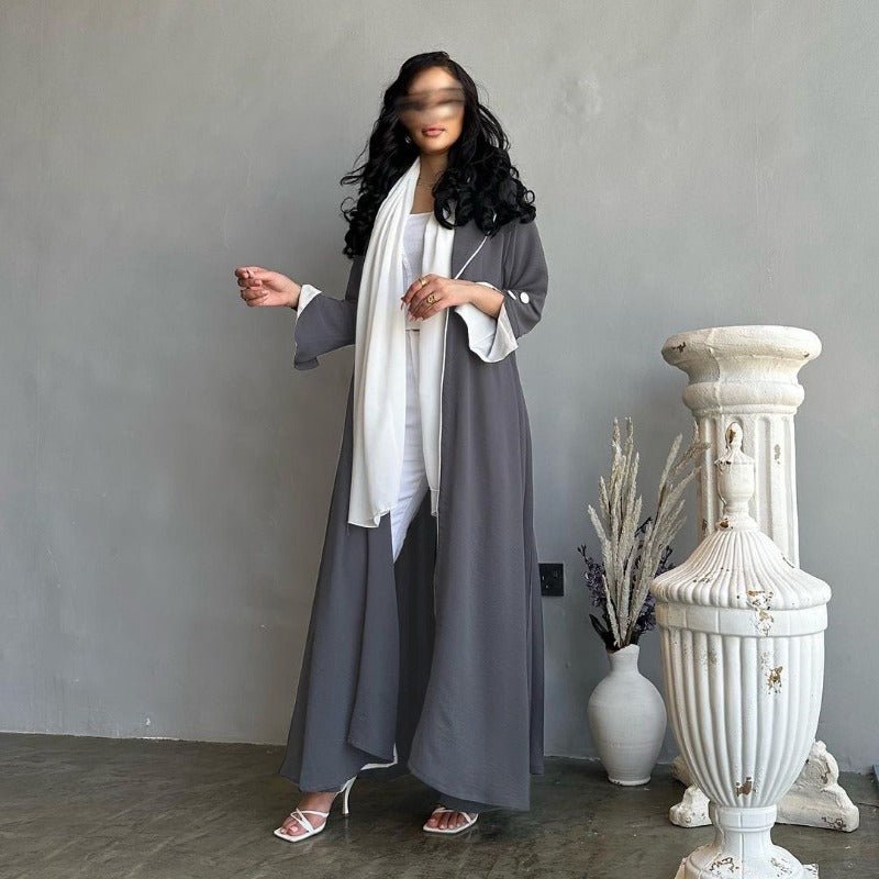 Autumn & Winter Long Dress with Open Front | Solid Color Pleated Abaya Cardigan (MOA218)