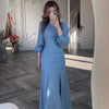 Spring Elegant Court-Style Long Sleeve Blue Chiffon Mermaid Dress Abaya (MA222)
