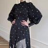 Spring Floral Satin Maxi Dress | High Neck Puff Sleeve Dress with Adjustable Waist Tie - Blue & White Botanical Print (MA236)