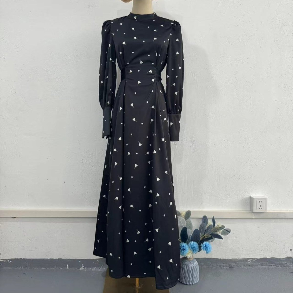 Spring Floral Satin Maxi Dress | High Neck Puff Sleeve Dress with Adjustable Waist Tie - Blue & White Botanical Print (MA236)