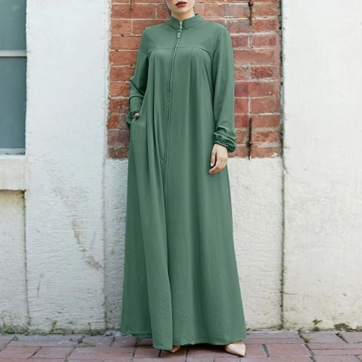 Stand-Collar Zipper Cardigan with Pockets | Modest Long Maxi Dress Abaya(MA155)
