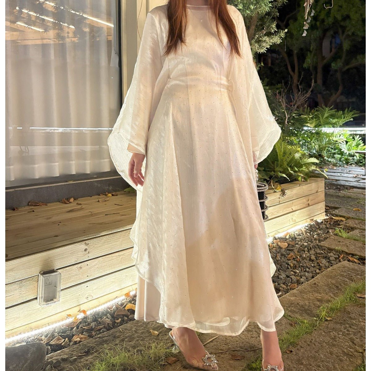 Olive Green Sequin Abaya Dress | Starry Night 2-Piece Maxi Dress with Flowing Cape (MA243)
