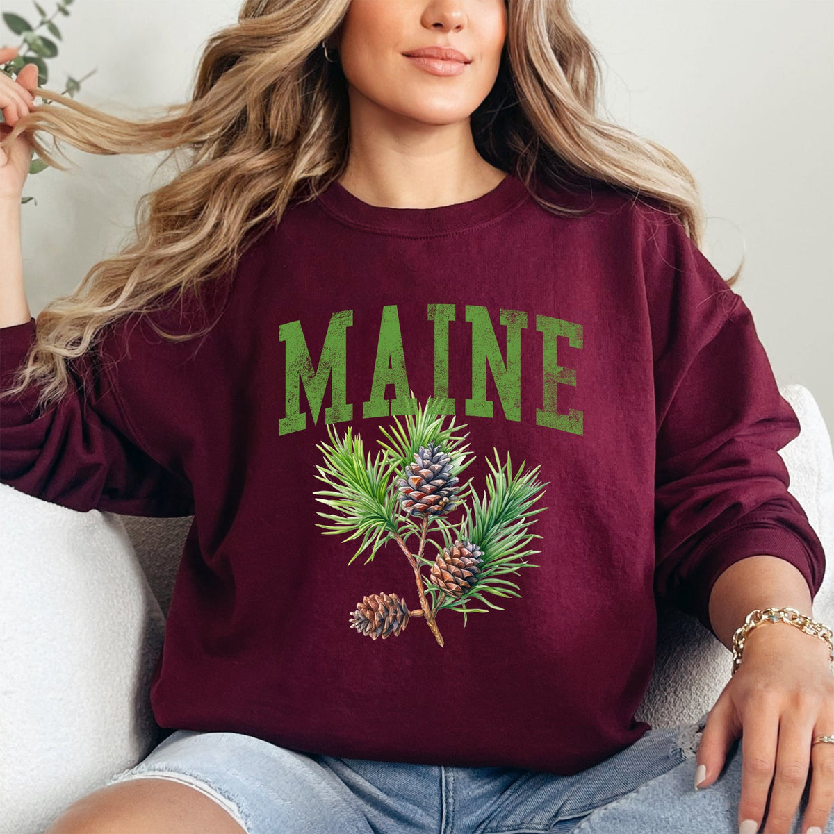 Maine State Flower Pine Cone And Tassel Heritage Edition Premium Graphic Sweatshirt