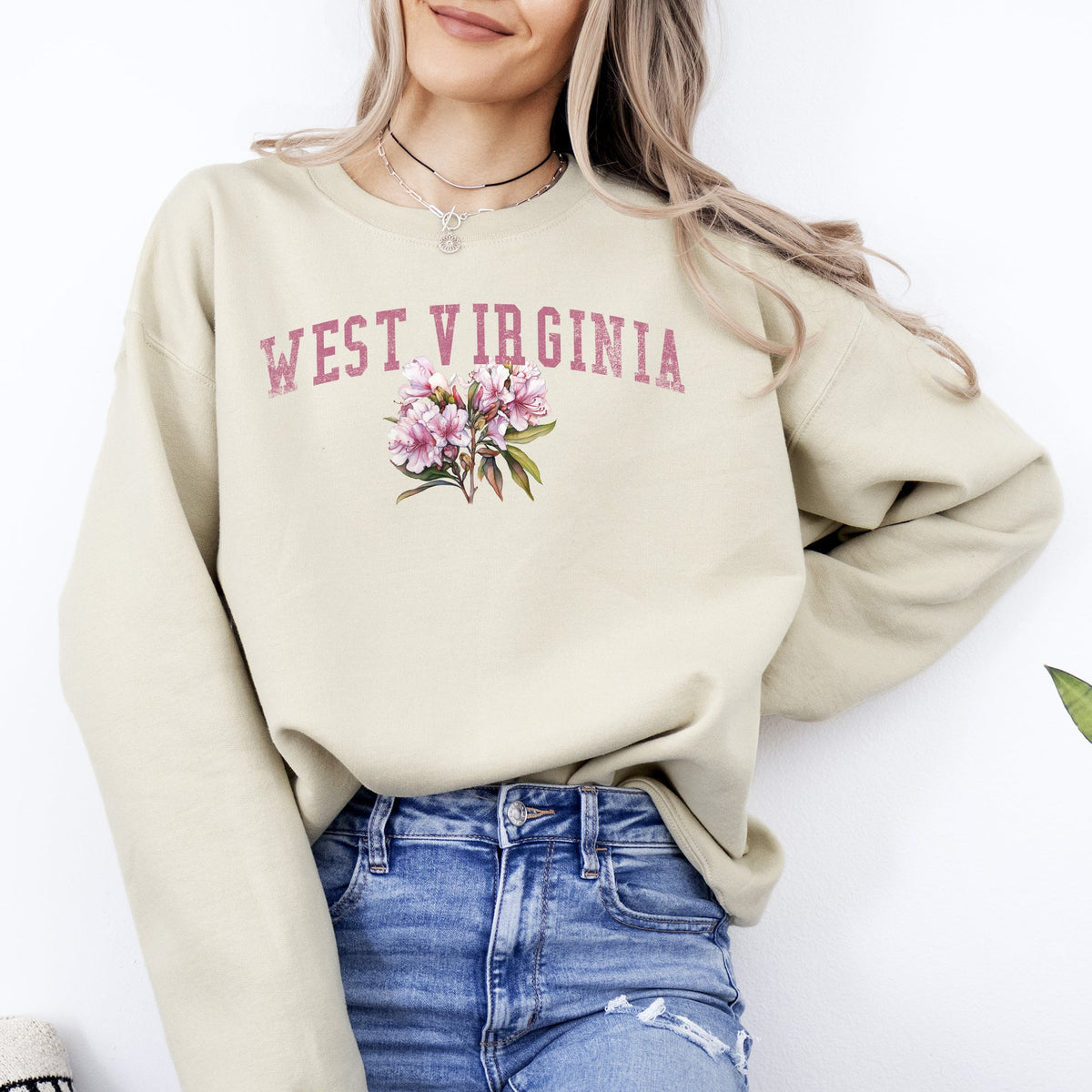 West Virginia State Flower Vintage Script Graphic Emblem Cozy Fleece Everyday Wear Sweatshirt