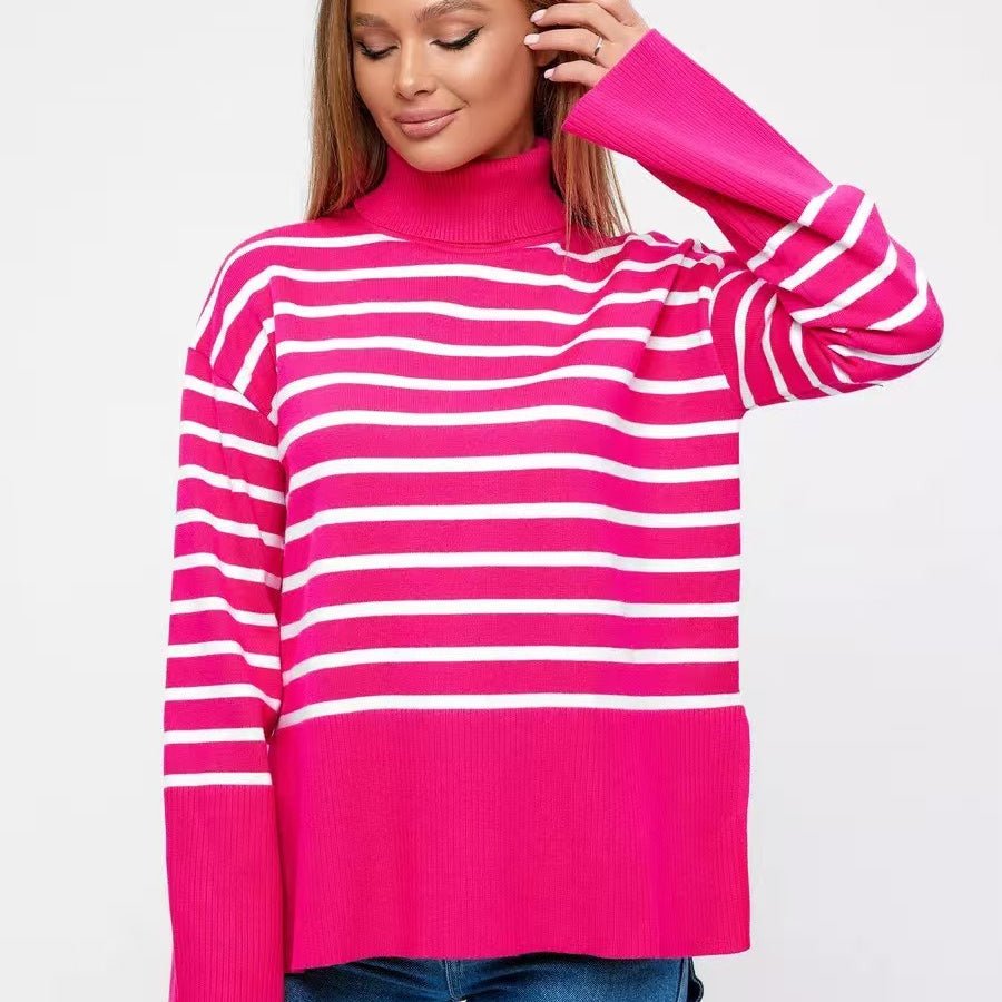 Striped Turtleneck Sweater | Oversized Colorblock Pullover(MS252)