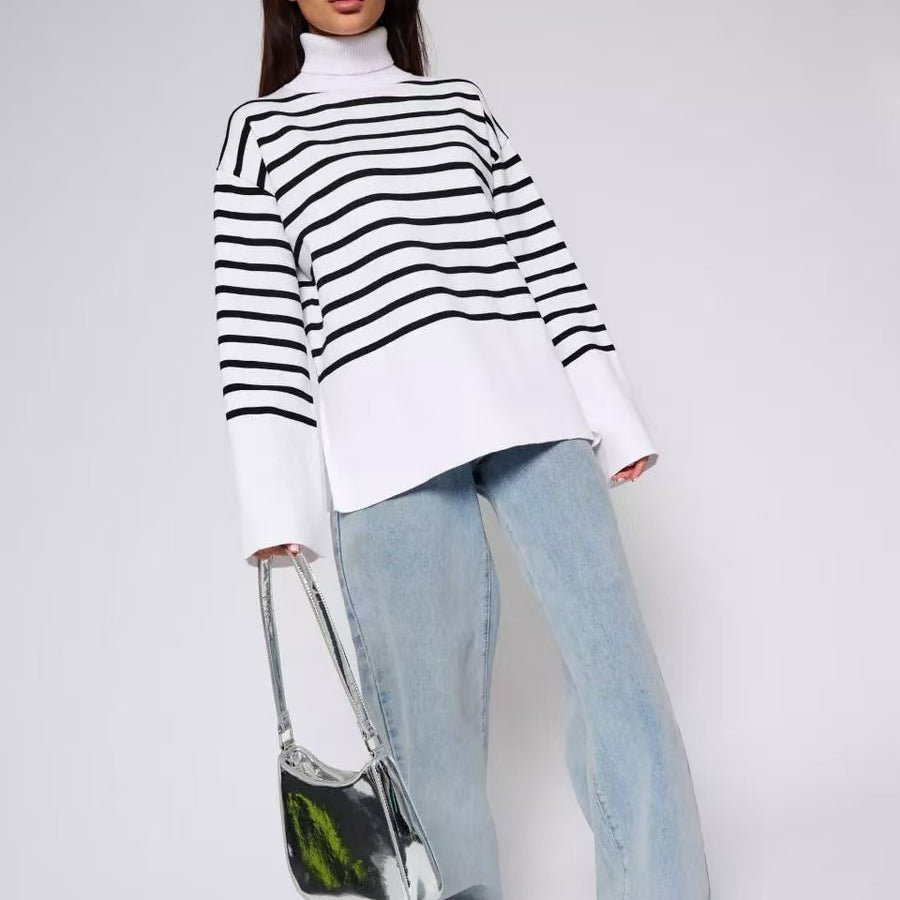 Striped Turtleneck Sweater | Oversized Colorblock Pullover(MS252)