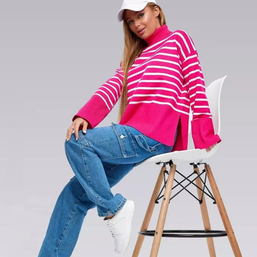 Striped Turtleneck Sweater | Oversized Colorblock Pullover(MS252)