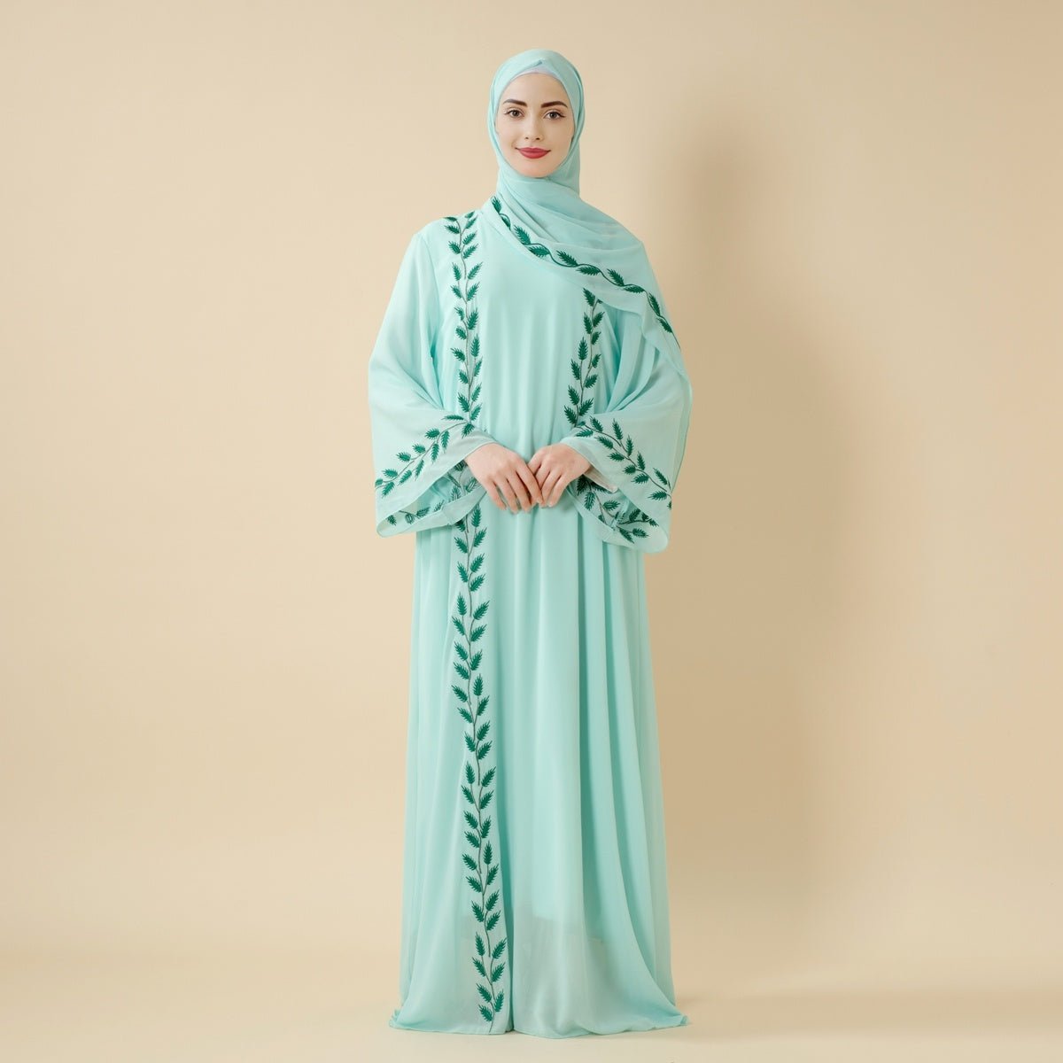 Summer Floral Embroidered Elegant Crew Neck Long Sleeve Chiffon Abaya Dress with Matching Headscarf (MA230)