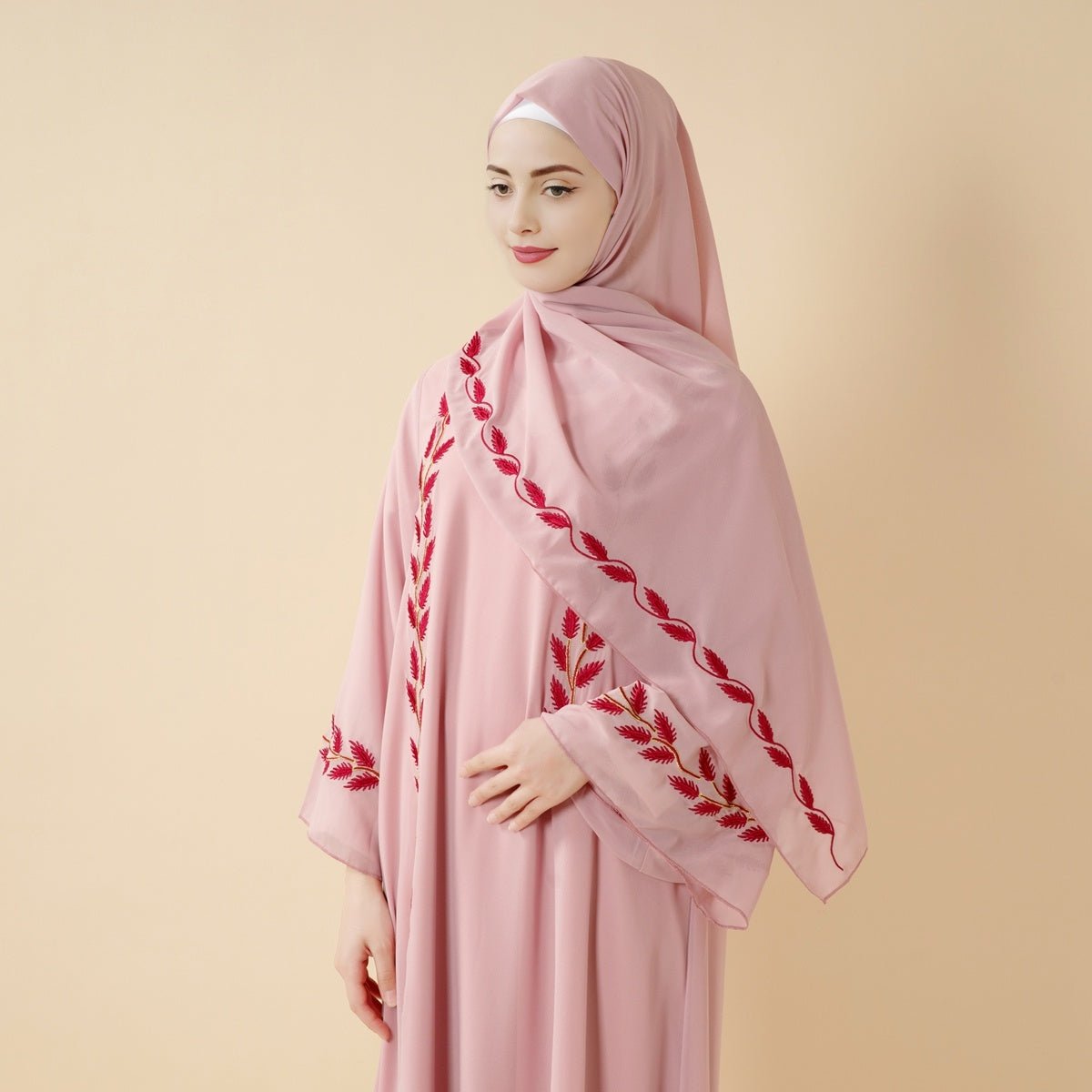 Summer Floral Embroidered Elegant Crew Neck Long Sleeve Chiffon Abaya Dress with Matching Headscarf (MA230)