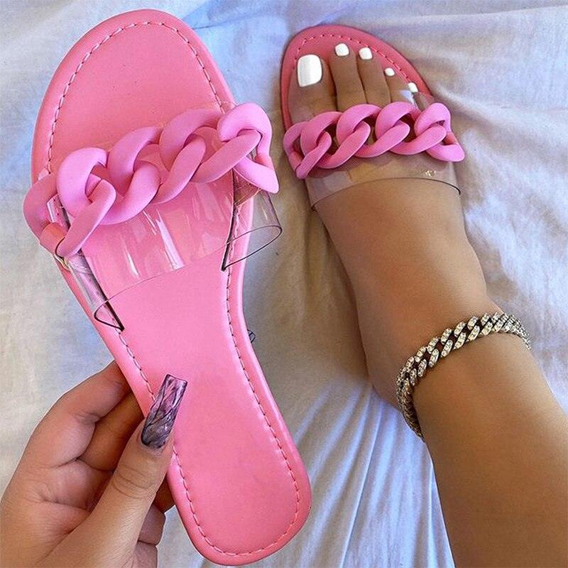 Summer Women's Slippers Flats Metal Chain Slides Square Toe Flip Flops Woman Beach Slipper Beach Open Toe Flat Slippers Fashion Golden Chain Luxury Slide Flip Flops Slip On Outdoor Slipper