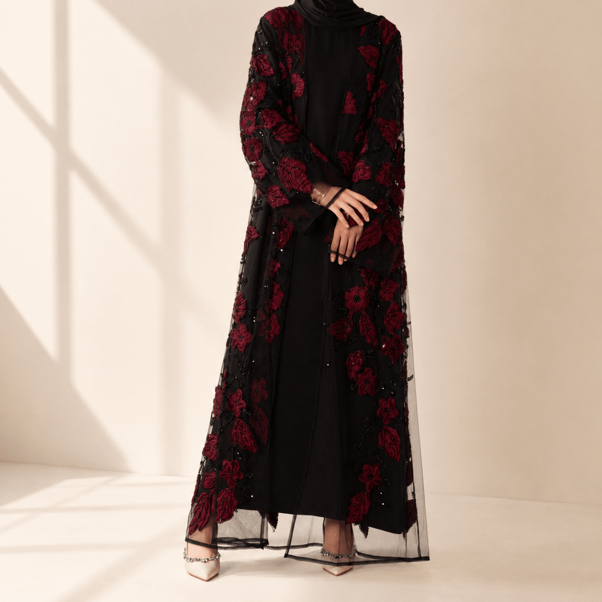 Luxury Couture 3D Floral Embellished Open Abaya(MOA300)