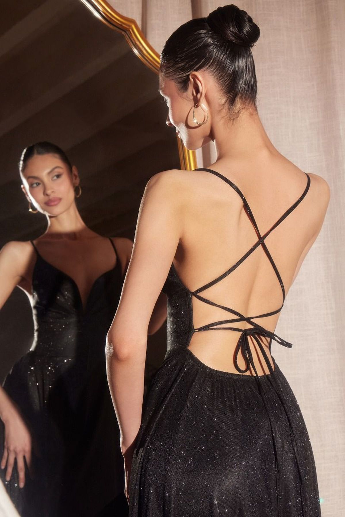 Ladivine Amoris T214 Sleeveless Spaghetti Strap A-Line Glitter Gown